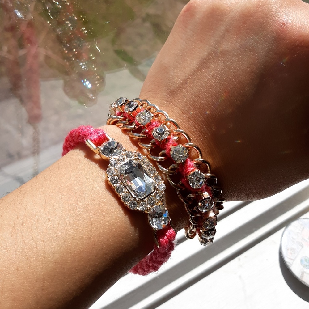 Braided Pink Bracelets w/ Gold Chain & Rhinestones